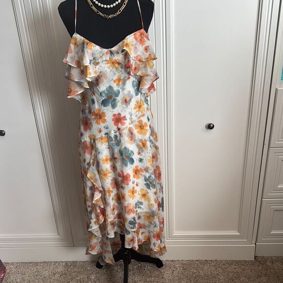 Anthropologie Orange and Cream Ruffled Floral Print Dress - Picture 2 of 8